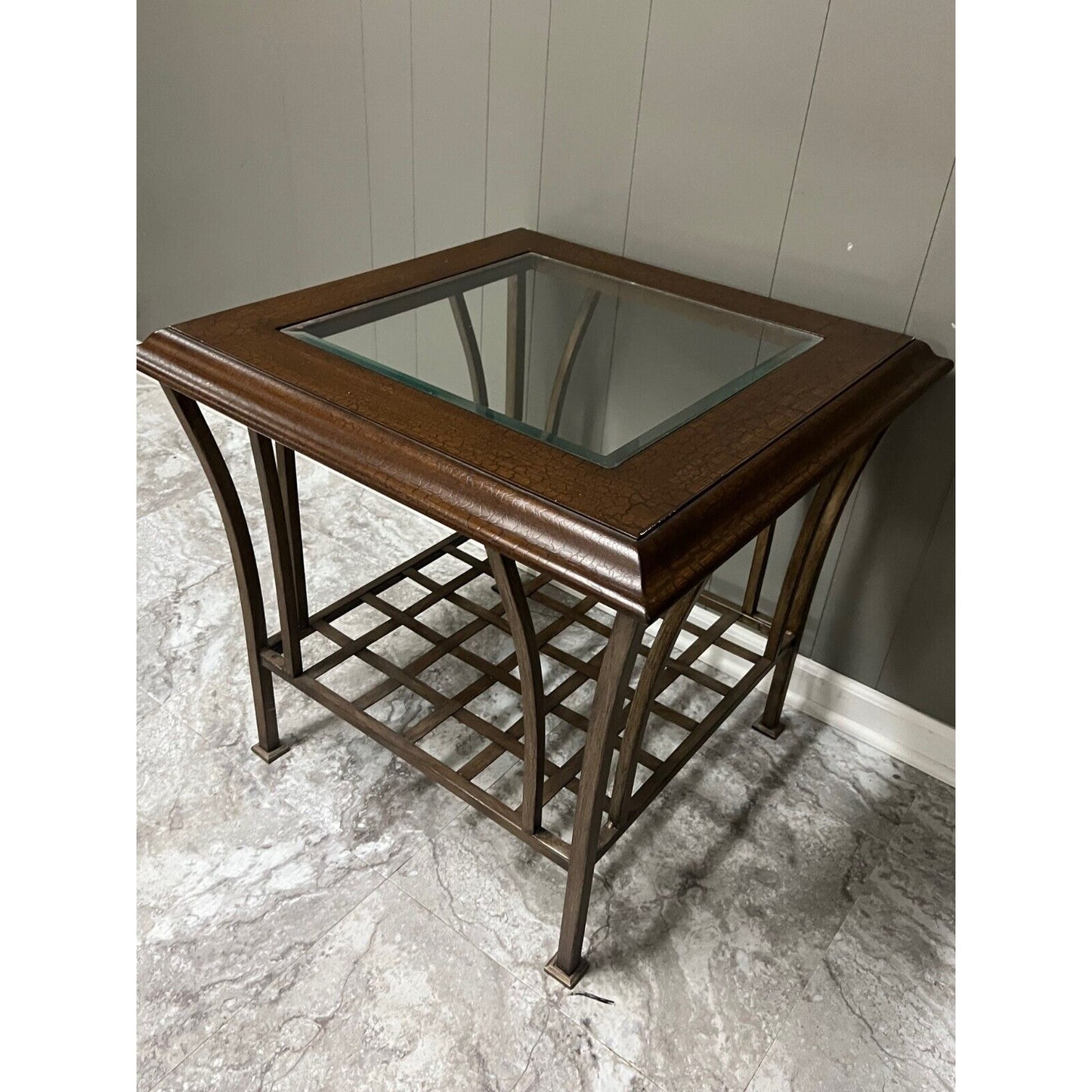 Solid Wood and Glass Top Table with Metal Base 26 x 25 in Sturdy!